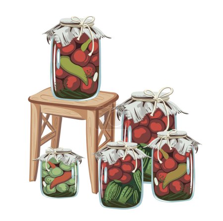 Ilustración de Composición con los preparativos para el invierno. frascos vintage con verduras enlatadas, pepinos, tomates verdes, tomates rojos. ilustración vectorial - Imagen libre de derechos