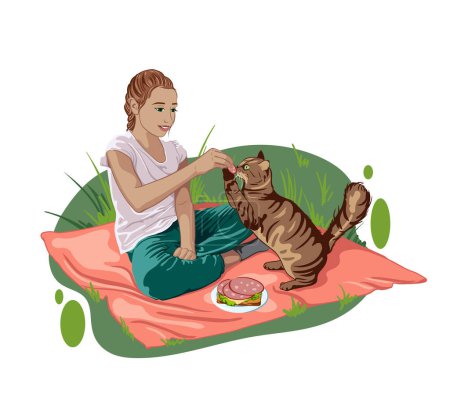 Photo for Girl on a picnic feeds a cat with a piece of sausage. pets day. vector illustration - Royalty Free Image