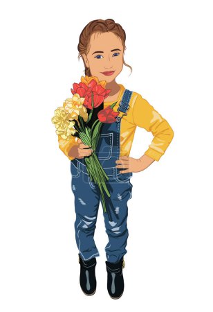 Photo for Girl in yellow-blue clothes with a bouquet of spring flowers in her hands. vector character - Royalty Free Image