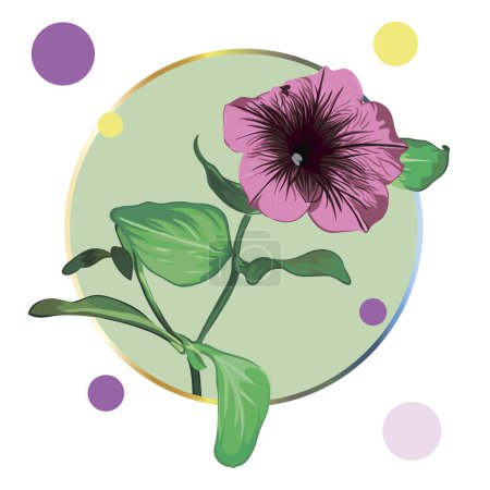 Photo for Purple petunia flower framed in a green circle on a white background with colorful polka dots. Green leaves, buds, purple and pink flowers. Realistic vector illustration. Vintage. - Royalty Free Image