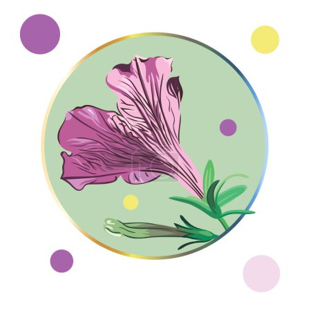 Photo for Purple petunia flower framed in a green circle on a white background with colorful polka dots. Green leaves, buds, purple and pink flowers. Realistic vector illustration. Vintage - Royalty Free Image