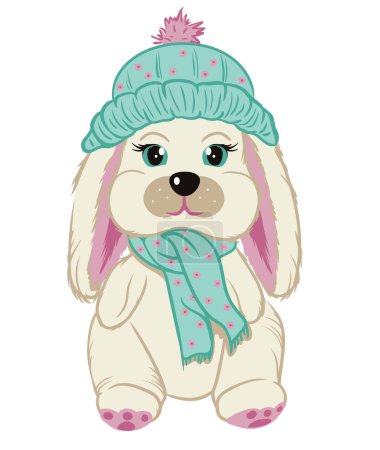 Photo for Toy cute cream rabbit with pink ears in a cap and a turquoise scarf. baby illustration - Royalty Free Image