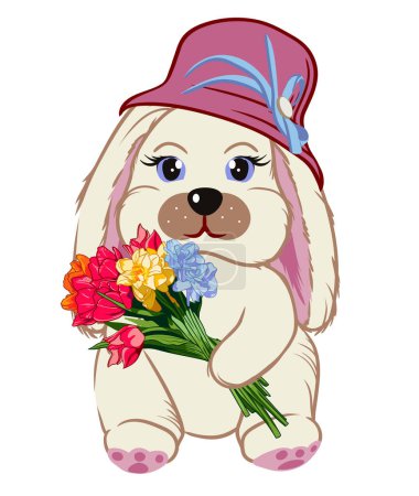 Photo for Bunny in a hat with a bouquet of flowers, children's illustration - Royalty Free Image