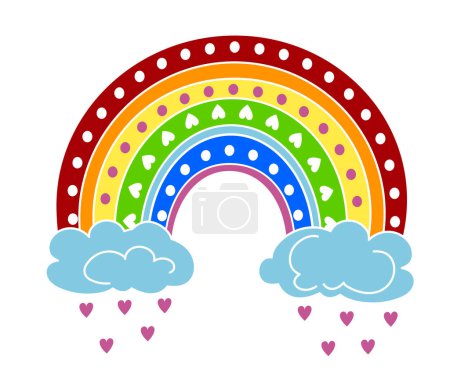 Photo for Cartoon multi-colored rainbow and clouds from which hearts drip - Royalty Free Image