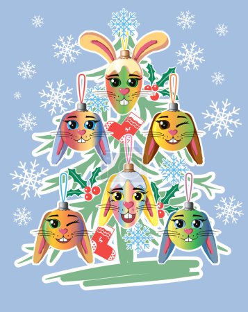 Photo for Christmas toys in the form of rabbits that hang on a Christmas tree on a blue background with snowflakes. Merry Christmas and Happy New Year 2023. - Royalty Free Image
