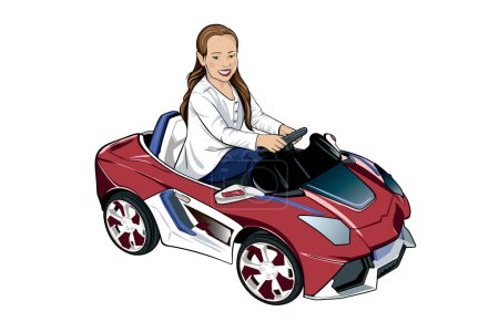 Photo for A little girl on a children electric car in red and white with blue stripes - Royalty Free Image