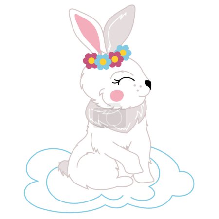 Photo for Vector childrens illustration of a white rabbit in a flower wreath on a cloud. illustration isolated on a white background - Royalty Free Image