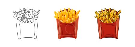 Téléchargez les illustrations : Vector set of french fries in a red cardboard glass hand drawn, drawing in outline and in color. food vector illustration - en licence libre de droit