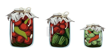 Photo for Composition with preparations for the winter. vintage jars with canned vegetables, cucumbers, green tomatoes, red tomatoes. vector illustration - Royalty Free Image