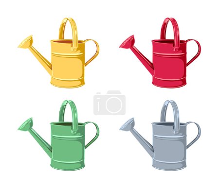 Téléchargez les illustrations : Vector set of images of a garden watering can in different colors on a transparent background. garden tools for gardening, watering plants and flowers - en licence libre de droit