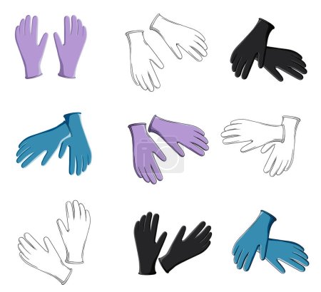 Photo for A set of medical gloves of different colors in different hand positions. contour vector illustration and color image of gloves - Royalty Free Image