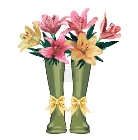 Photo for Spring composition with rubber boots and a bouquet of lily flowers. vector illustration on the theme of spring with green waterproof rubber boots in which lily flowers are pink and yellow - Royalty Free Image