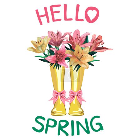 Photo for Spring composition Hello Spring, vector illustration with yellow waterproof rubber boots in pink and yellow lily flowers - Royalty Free Image