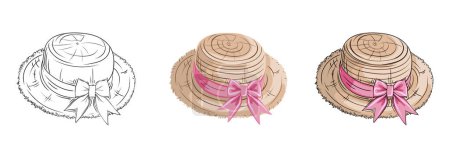 Photo for Vector set of images of a straw hat with a bow on a transparent background. black outline and color image of a hat from the sun and for walking - Royalty Free Image