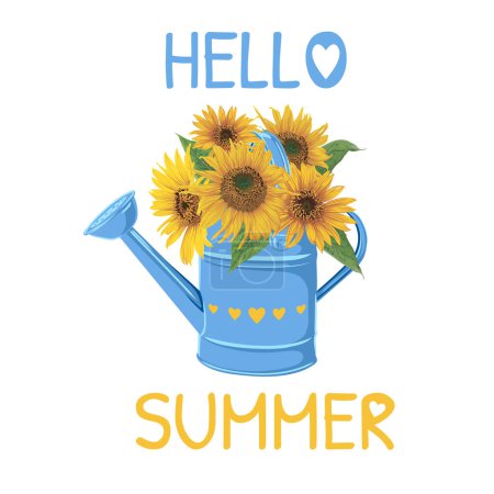 Photo for Hello summer vector illustration with garden watering can and a bouquet of sunflowers. vector illustration with a summer bouquet colored in the colors of the ukrainian flag - Royalty Free Image