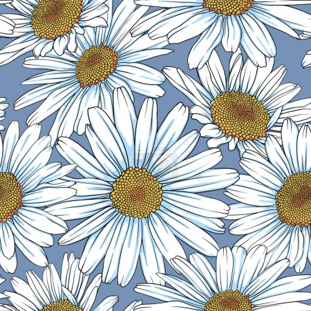 Photo for Seamless pattern with white chamomile on a blue background. vector background for wrapping paper, wallpaper or cover of notebook, notepad - Royalty Free Image