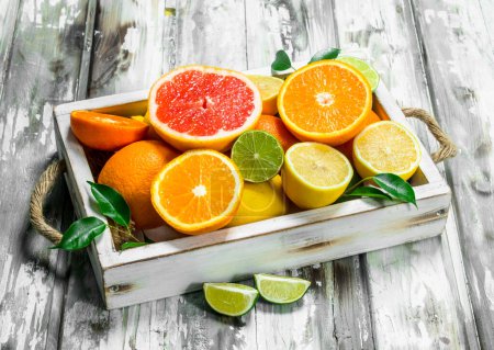 Photo for Fresh citrus in tray. On wooden background - Royalty Free Image
