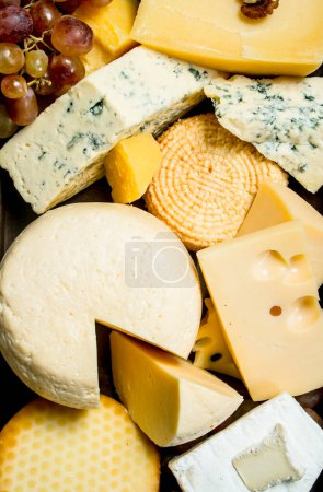 Sortiment verschiedener Käsesorten auf dem Tablett. auf einem hölzernen Hintergrund.