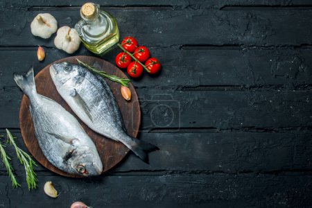 Téléchargez les photos : Dorado de poisson de mer cru avec assaisonnements et tomates. Sur un fond rustique noir
. - en image libre de droit