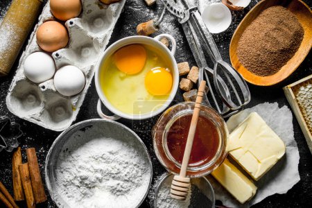 Photo for Baking background. Flour and various ingredients for dough. Top view - Royalty Free Image