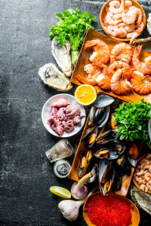 Assortment of different seafood with garlic, herbs and spices. On dark rustic background