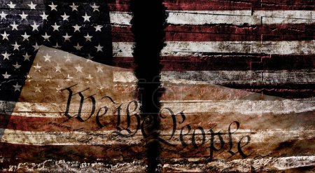 Photo for Distressed American flag and the US Constitution torn in two representing division in US politics and the threat to democracy and the 2024 election - Royalty Free Image