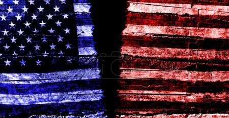 Photo for Distressed American flag torn in two representing division in US politics between blue and red, Democrat and Republican - Royalty Free Image