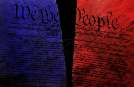 Torn US Constitution with red and blue split representing division in US politics 