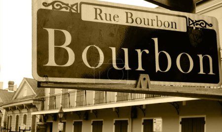 Bourbon St sign in the New Orleans historic French Quarter                               