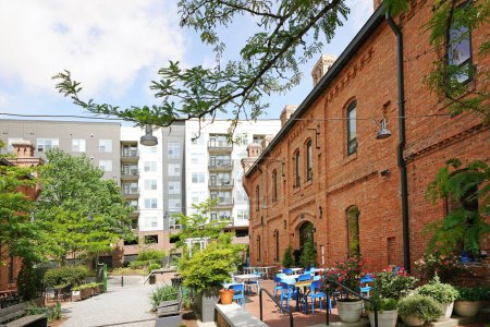 Brightleaf Square complex near downtown Durham, which includes restaurants and shops in renovated tobacco warehouses as well as apartments