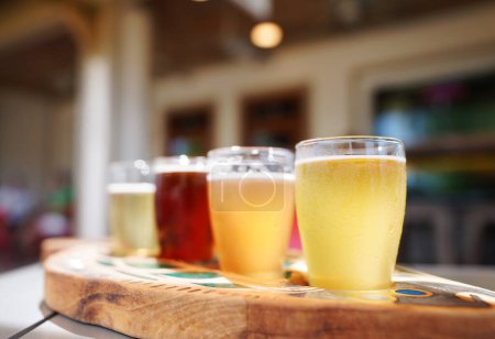 A flight of craft beer from Fishtowne Brewery in downtown Beaufort , North Carolina                               