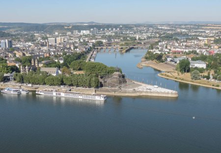 Deutsches Eck (translated German corner) in Koblenz, Germany - confluence of river Rhine and river Mosel