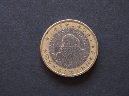 Téléchargez les photos : Pièce d'une euro, face slovène représentant le portrait du réformateur protestant Primoz Trubar, monnaie de Slovénie, Union européenne - en image libre de droit