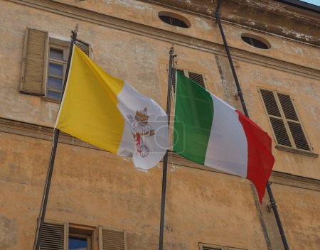 the Italian national flag of Italy, Europe and the Vatican national flag of Vatican City, Europe