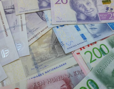 Dänische Krone und Schwedische Krone Banknoten Geldwährung von Dänemark und Schweden
