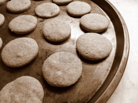 Téléchargez les photos : Recently  baked cocoa flavoured cookies in metalic tray, in sepia tones - en image libre de droit