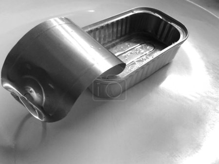 empty food can with rolled top, in black and white