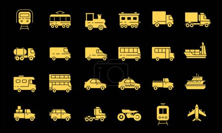 Illustration for Transportation and vehicle icon glyph set. Suitable for design element of public transportation, cargo and delivery vehicle. Various of transportation line. - Royalty Free Image