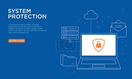 Outline vector illustration of cyber system security. Suitable for antivirus and system protection landing page background template.