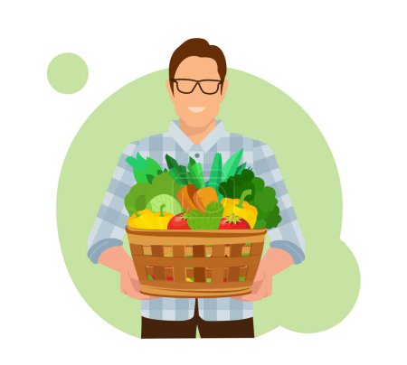 Téléchargez les illustrations : Vecteur d'un jeune agriculteur exploitant un panier de légumes frais - en licence libre de droit