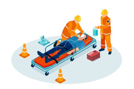 Illustration for Isometric vector of a rescue team, paramedics giving first aid help to a trauma patient - Royalty Free Image
