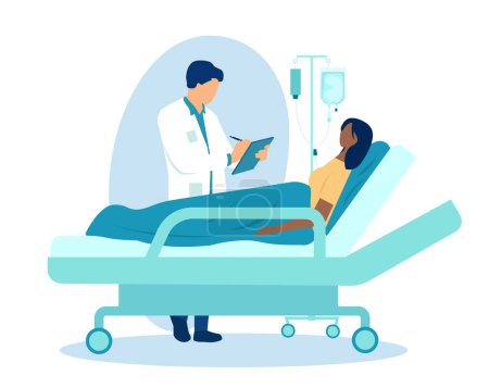Ilustración de Vector de un médico que revisa a una paciente acostada en la cama con gotero durante el tratamiento en la clínica - Imagen libre de derechos