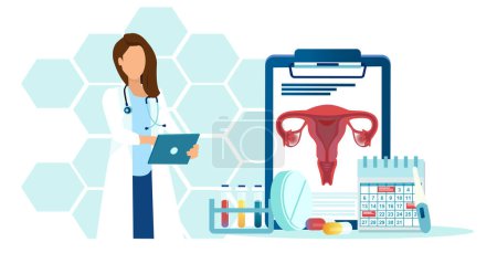 Ilustración de Vector of a doctor gynecologist giving patient a consultation. Female health and reproductive system concept - Imagen libre de derechos