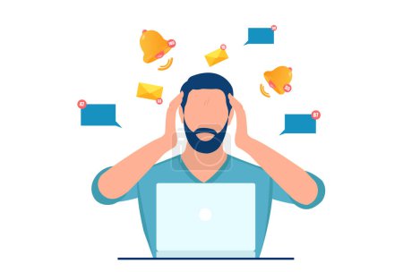 Illustration for Vector of a stressed man, employee annoyed by multiple notifications, online messages, emails sitting in the office at desk with computer - Royalty Free Image