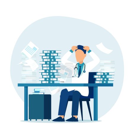 Illustration for Vector of a stressed overworked male doctor sitting at a desk in his office - Royalty Free Image