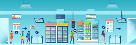Téléchargez les illustrations : Vector of people shopping at the fully automated AI convenience or grocery store using mobile app to access, purchase items and checkout - en licence libre de droit