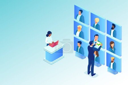 Illustration for Isometric vector of HR people reviewing online employee candidates for job positions in a company - Royalty Free Image