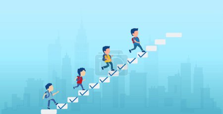 Illustration for Progression from start to success in education. Vector of children students climbing up the ladder, steps with check marks to achieve the target. - Royalty Free Image