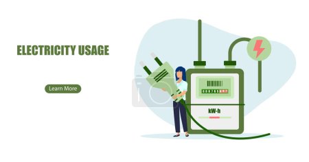 Illustration for Vector of a woman unplugging household appliances to reduce and save energy consumption at home. - Royalty Free Image