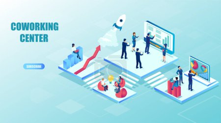Illustration for Isometric landing page of a coworking center, business community and functional workspace. - Royalty Free Image